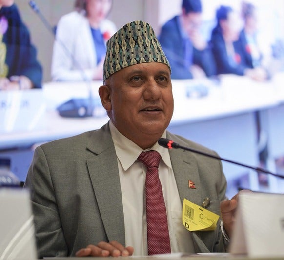 Shiva Raj Adhikari, Vice Chair of Nepal’s National Planning Commission, discusses Nepal’s commitment to gender-responsive budgeting as a key strategy for preventing gender-based violence and achieving SDG 5. Photo: UN Women/Pathumporn Thongking