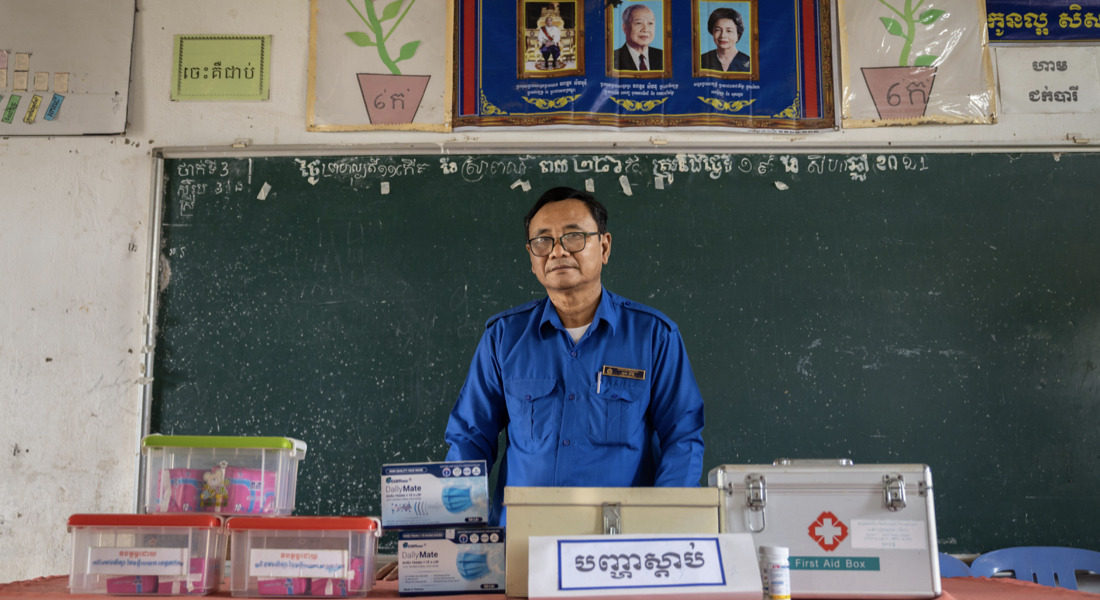 Cambodia: Mr Suong Sethy is Director of Ang Run Primary school. He makes sure that all the necessary supplies are on hand in the school’s health room, for emergencies. Sanitary pads are one of the essential items for menstrual hygiene in his school. Tramkok district is one of three pilot districts to have received refresher training on the Minimum Requirements on WASH in schools. These requirements evaluate a school’s drinking water supply, the ratio of latrines to students separated by gender, and the presence of menstrual health and hygiene facilities, supplies and education. ©UN0620259/Bunsak But