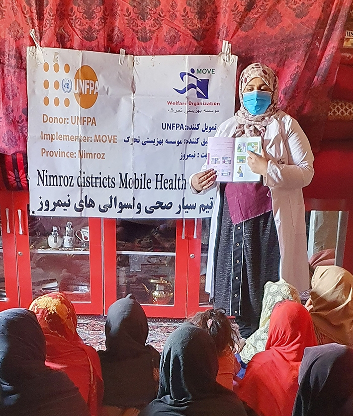 When not delivering babies, Ms. Rasuli facilitates health education sessions for women in communities that the mobile team visits. © Naqibullah Rahimi/MOVE Afghanistan