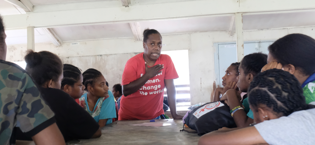 Lizzie Molli, Livelihood Coordinator at ActionAid, plays a vital role as a member of the women-led response team in Vanuatu. In this photograph, she leads an empowering awareness session in Yopuna village, Epi Island.  “Empowering women in Vanuatu, particularly in emergency situations, is my driving passion,” Lizzie, the ActionAid Livelihood Coordinator expressed. Alongside the kits, awareness sessions were conducted by  Lizzie Molli, the ActionAid livelihood coordinator, covering critical topics such menstrual health, sexual reproductive health, and gender based violence. Phone cards with free-toll numbers for further support were also distributed, equipping participants with knowledge and tools to protect their health and well-being and access critical information. ©UNFPA/David Palazón