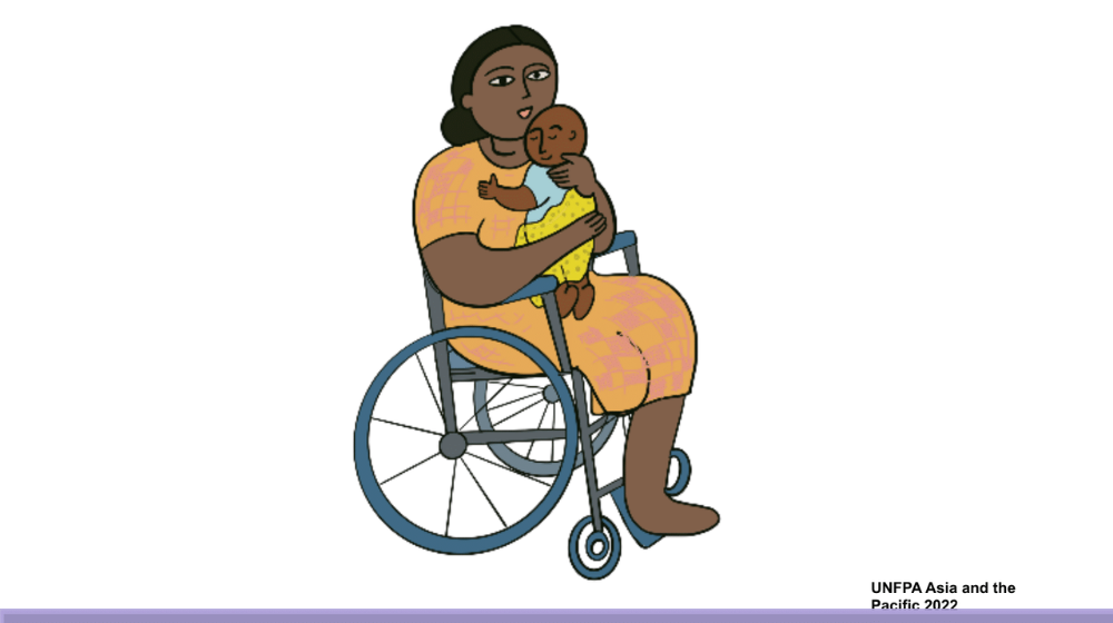 Illustration of a mother in a wheel chair hugging her infant child.
