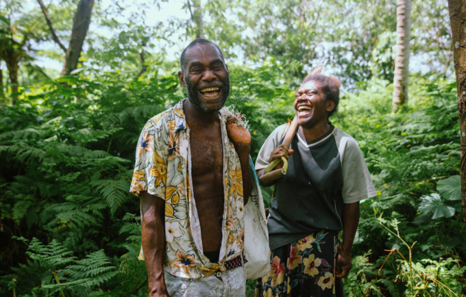 Lily Iawantak and her partner Kasi share a laugh at their village home on Tanna Island, Vanuatu.