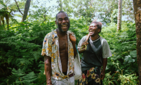 Lily Iawantak and her partner Kasi share a laugh at their village home on Tanna Island, Vanuatu.