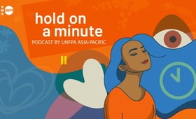  ‘Hold on a minute’ banner, a blue hair woman with her eye closed(cartoon).