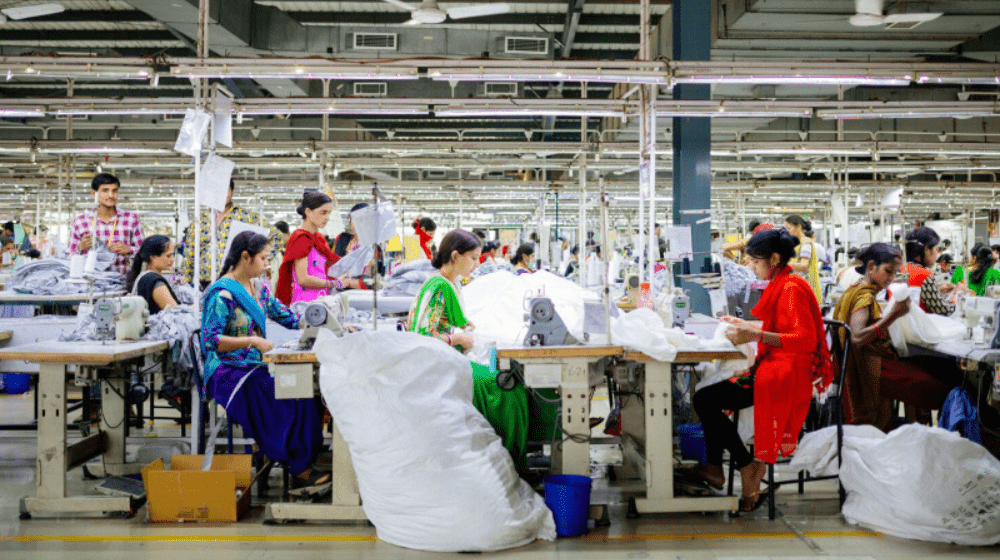 A female garment factory employees at work in a Shahi Exports factory