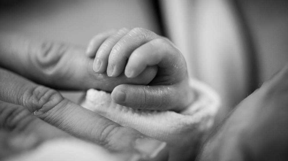 A photo of a newborn's fingers gripping the fingers of an adult