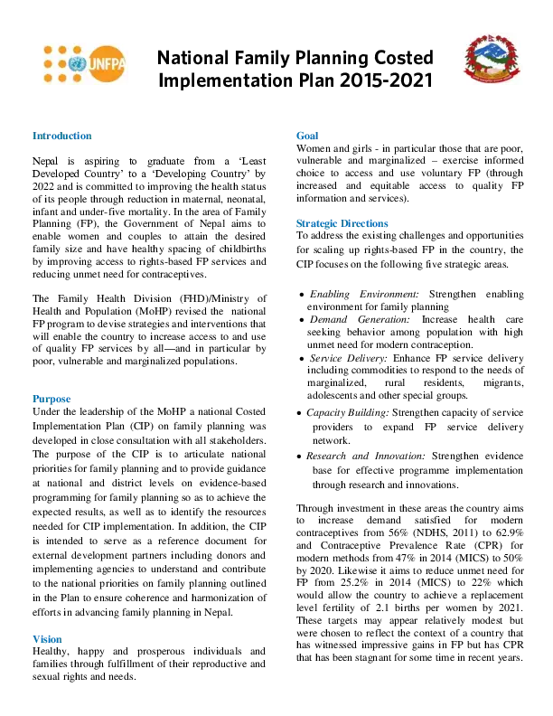 Advocacy Brief on National Family Planning Costed Implementation Plan 2015-2021