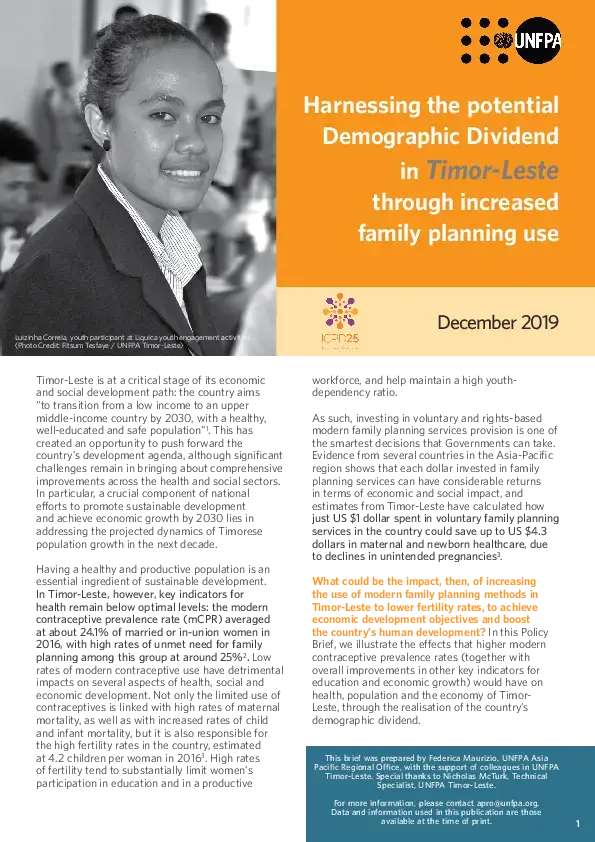 Harnessing The Potential Demographic Dividend in Timor-Leste Through Increased Family Planning Use