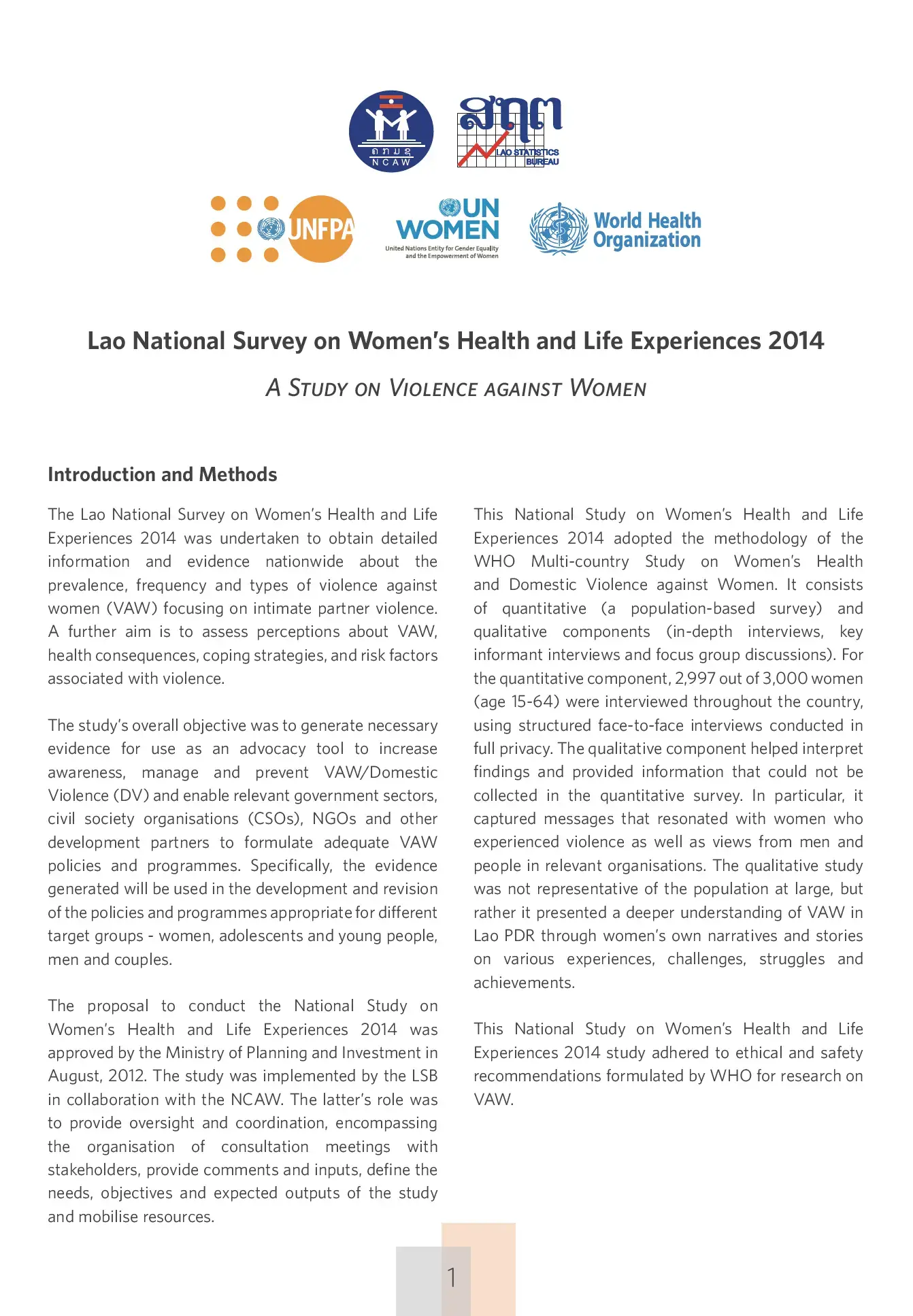 Lao PDR National Survey on Women’s Health and Life Experiences 2014 Fact Sheet