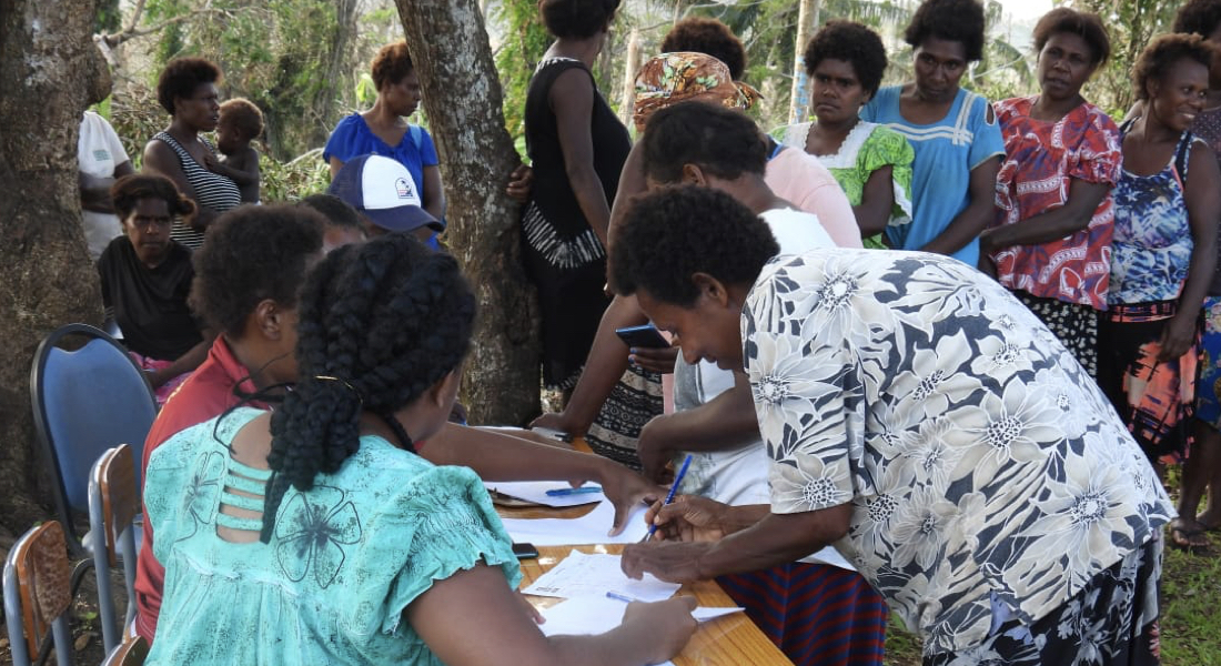 Women queue up in Efate to collect ‘Dignity Kits’ as part of the response to the cyclones this month. UNFPA has been on the ground from day 1 to support the government-led response and recovery efforts in coordination with other humanitarian actors. Partners like the Vanuatu Women’s Centre and the Vanuatu Police Force are providing counselling for women in affected communities. ©UNFPA Pacific