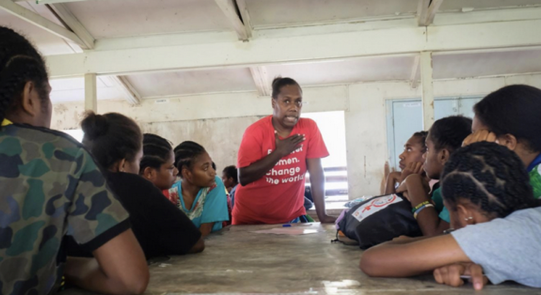 Vanuatu: Lizzie Molli works with ActionAid as a Livelihood Coordinator, She leads awareness sessions covering topics like menstrual health and hygiene, sexual and reproductive health and rights, and gender-based violence. “Empowering women in Vanuatu, especially in emergencies, is my driving passion,” she says. During the session, UNFPA distributed menstrual hygiene management kits to the students. It was part of a wider distribution, providing 3,200 dignity kits to women and girls across Vanuatu, addressing urgent needs after tropical cyclones Judy and Kevin devastated the country in March 2023. ©UNFPA/David Palazón 
